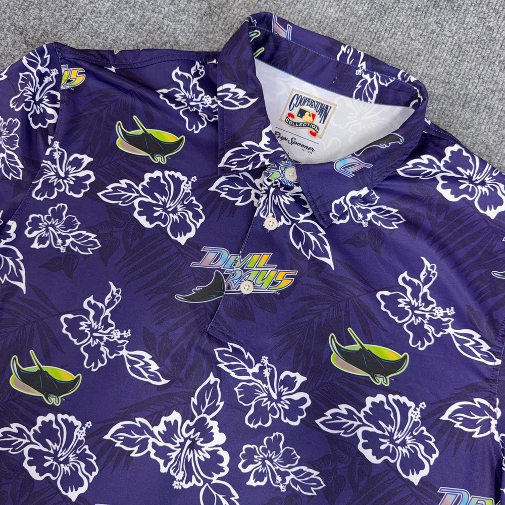 Reyn Spooner Polo Shirt Mens Large Tampa Bay Rays Hawaiian Purple Baseball Golf